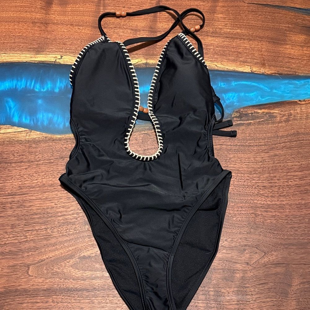 Shade & Shore Black One-Piece Swimsuit with White Whipstitch Trim